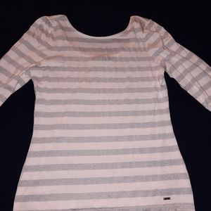 White House Black Market Striped Silver/White Top